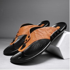 Men Leather Breathable Soft Sole Non Slip Comfy Outdoor Flip Flops Casual Slippers